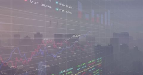 Futuristic Financial Analytics Overlay on City Skyline