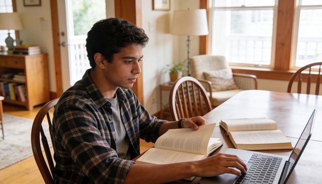 Young man studying and working from home at wooden dining table with laptop and books