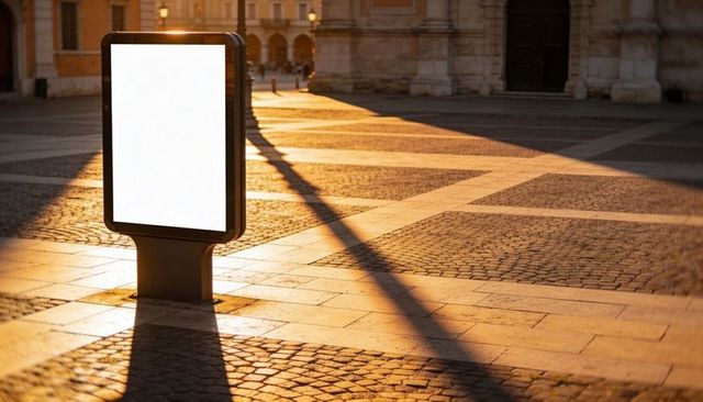 Blank Backlit Street Display at Golden Hour Casting Long Shadows over Urban Historic Plaza
