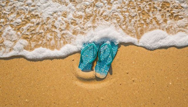 Waves gently washing teal flip-flops on golden sand overhead summer beach scene