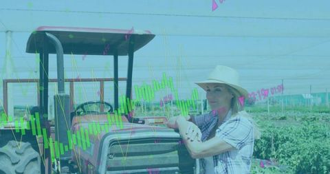 Female farmer leaning on tractor in wide hat and plaid top with market chart overlay