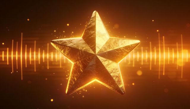 Golden faceted star radiating amber rim light with audio waveform and cinematic bokeh