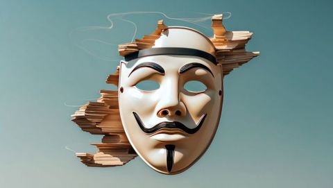 Futuristic bank robber mask surrounded by floating wooden debris