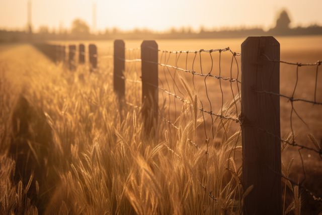 Sunset illuminating golden wheat field with rustic fence extending into distance. Tranquil and serene countryside capturing essence of rural life. Ideal for use in agricultural promotions, nature-themed content, and tranquil landscape designs.