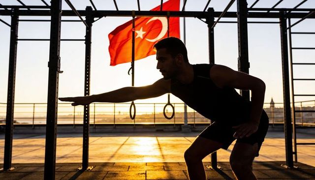 Silhouetted athlete training on rooftop gym at sunset with waving turkish flag