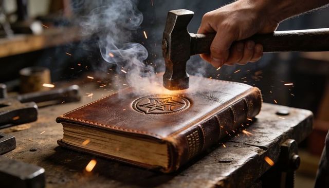 Craftsman hammering embossed leather journal with star emblem, sparks flying in workshop