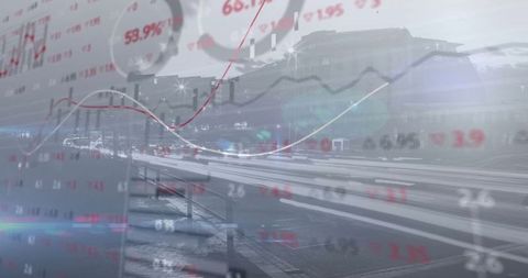 Cityscape With Financial Data Overlay and Light Trails
