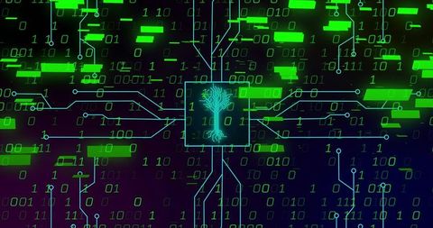 Pulsing neon neural-chip connecting digital network with binary data flow and circuitry
