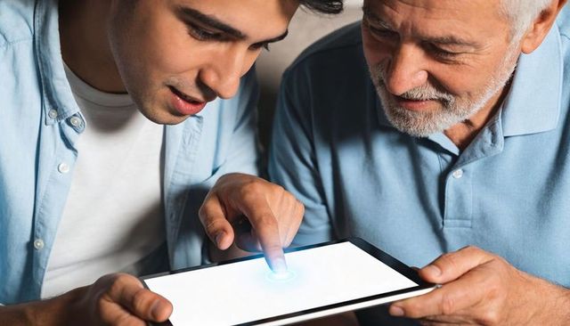 Adult Teaching Senior Using Tablet Touchscreen, Sharing Digital Skills and Connection