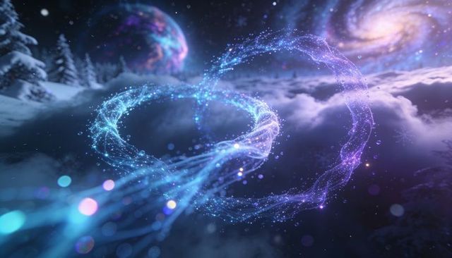 Intertwining cosmic light ribbons glowing above snowy pines with galactic backdrop