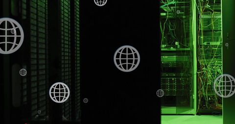 digital globes over data server room illustration - Download Free Stock Images Pikwizard.com