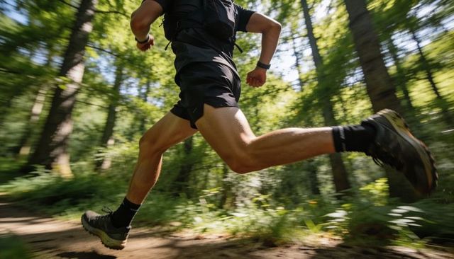 Trail runner leaping through sunlit forest path wearing black gear and running pack