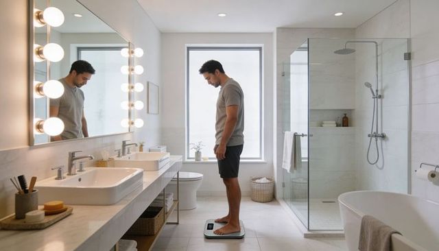 Man stepping on smart scale in modern bathroom measuring weight morning wellness routine