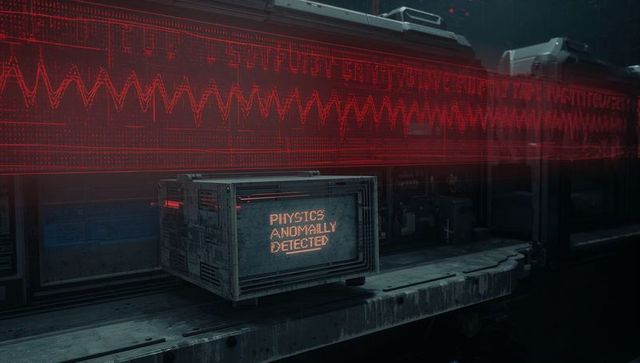 Futuristic crate with glowing 'physics anomaly detected' display and red waveform