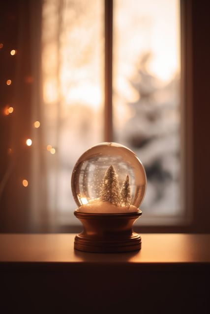 Snow globe featuring pine trees on a window sill bathed in warm golden hour light. Ideal for use in winter or holiday season promotions, home decor blogs, and social media posts showcasing cozy indoor settings and seasonal ambiance.