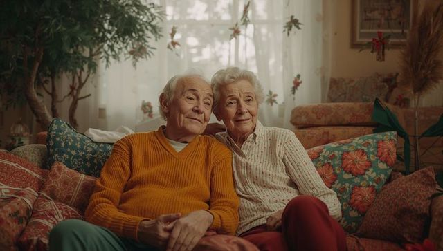 Loving Elderly Couple Relaxing Together on Cozy Floral Sofa