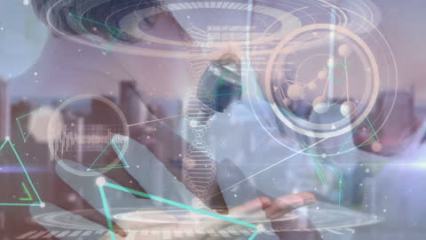 Woman in Mask with Futuristic Digital Interface Overlay