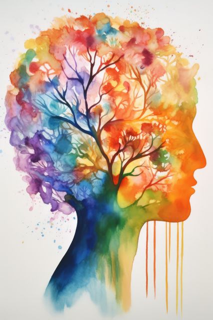 This vibrant and imaginative artwork features a tree silhouette within the shape of a human head filled with an array of colorful watercolor splashes. Ideal for use in mental health, creativity, or artistic inspiration pieces. Perfect for blogs, social media posts, posters, and art galleries highlighting creative thinking and imagination.