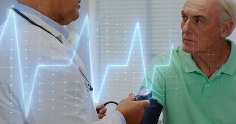 Doctor Checking Blood Pressure with Heart Rate Monitor Overlay