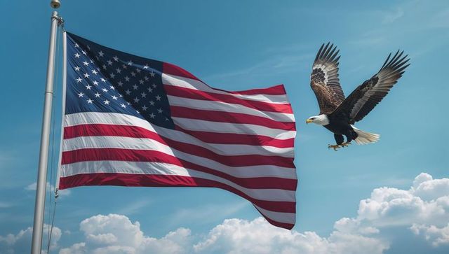 American Flag Waving with Majestic Bald Eagle in Flight