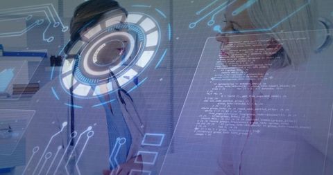 Doctor and patient analyzing holographic digital interface in modern clinic