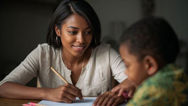 Mother tutoring child at home, guiding homework with pencil and warm smile