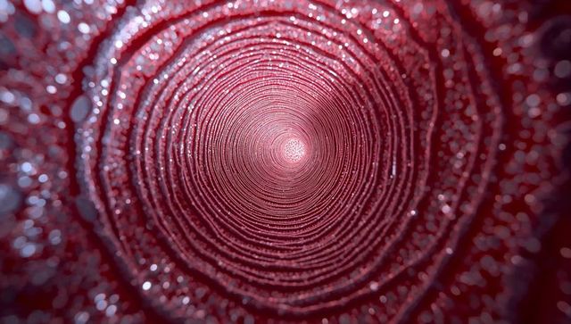 Glittering crimson spiral tunnel with concentric fibrous rings and sparkling droplets