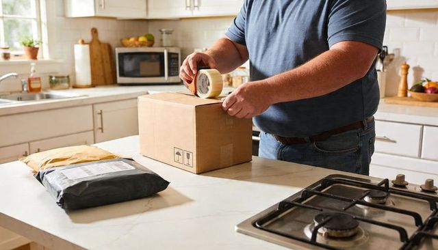 Man sealing shipping box on kitchen island packing parcels for ecommerce home delivery