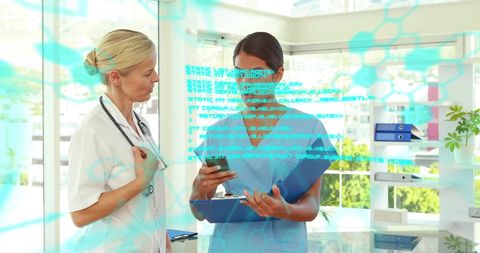 two female medical professionals engage in discussion with digital data overlay, symbolizing integration of technology in healthcare. this depicts modern communication and teamwork in medical settings. suitable for representing technological advancements in healthcare, innovation in medical practice, or highlighting diversity and collaboration among healthcare professionals.