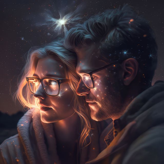 Close up of couple star gazing at night sky, created using generative ai technology. Stars, space, nature and love concept digitally generated image.