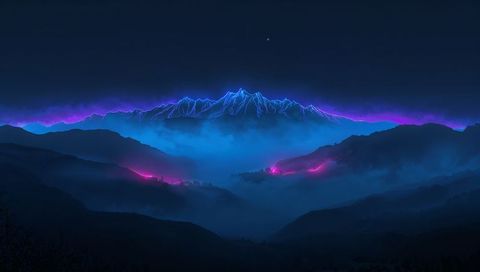 Glowing neon mountain ridge bathing misty valley with blue fog and pink highlights