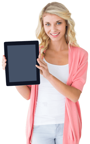 Smiling Blonde Woman Holding Tablet on Transparent Background