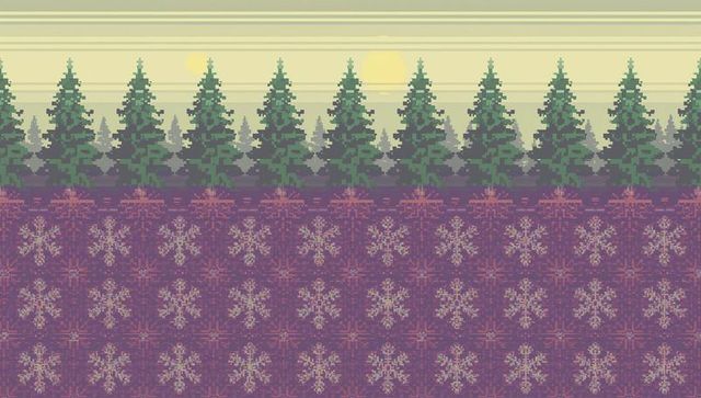 Pixel art evergreen forest border at dawn with dual pale suns and purple tapestry ground