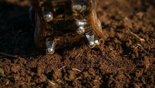 Closeup cleated football boot sinking into muddy turf with metal studs and soil texture