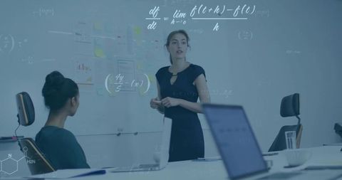 Businesswoman Explaining Complex Formulas in a Corporate Meeting