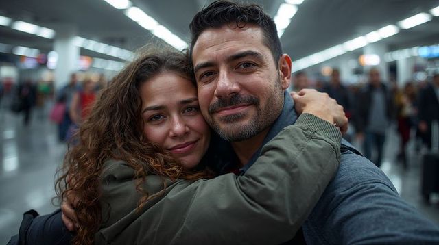 Couple Embracing in Busy Airport Concourse, Travel Reunion and Tender Moment