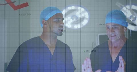 Surgeons reviewing patient data overlay with analytics grid in high-tech operating room