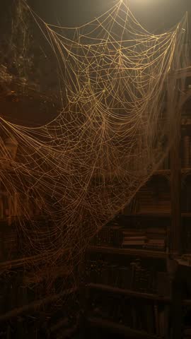 Revealing Spiderweb Draping Vintage Library Shelves Dust Motes Glinting Vertical Video