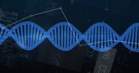 Blue dna double helix on neon data interface for genomics, bioinformatics and research