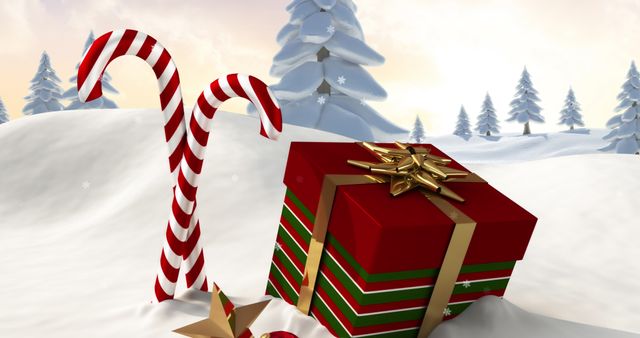 Christmas Gift and Candy Canes on Snowy Winter Wonderland - Download Free Stock Images Pikwizard.com