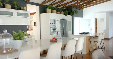 Minimalist modern open-plan kitchen island with wooden beams, bar stools, faucet and plants
