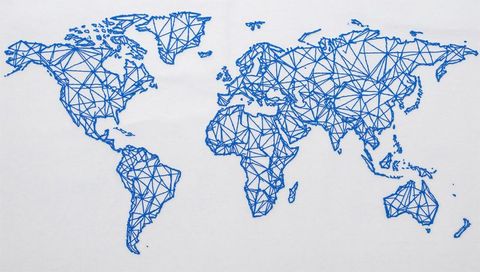 Triangular Mesh World Map in Blue on White Background