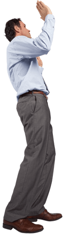 Transparent businessman with raised hands in professional attire