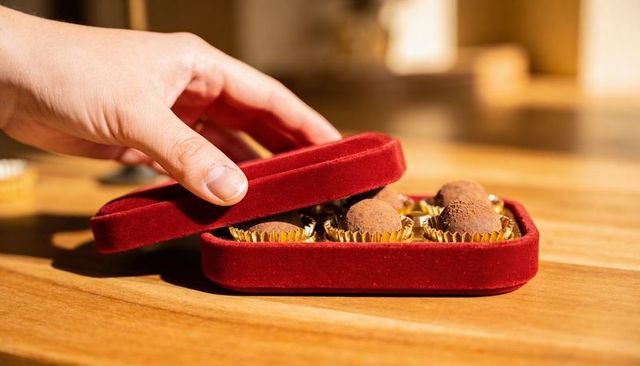 Opening red velvet gift box revealing cocoa-dusted chocolate truffles on wooden table