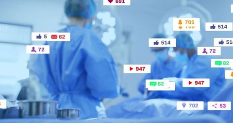 Female surgeon operating with augmented reality social media metrics overlay in sterile or