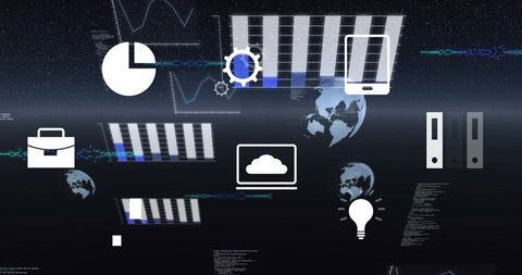 Displaying Futuristic Cloud Analytics Dashboard with Floating Tech Icons and Data Streams
