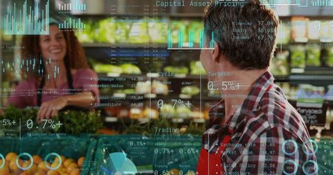 Grocery staff advising shopper with retail data overlays showing price and stock analytics