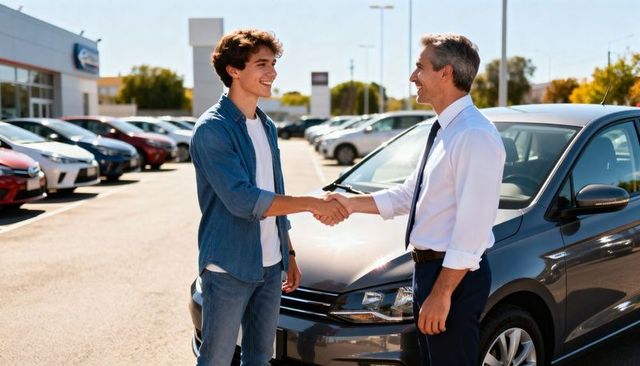 Young buyer shaking hands with dealer by dark gray sedan at car lot
