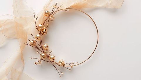 Gold Hoop Wreath with Organza Ribbon and Metallic Baubles, Elegant Minimal Holiday Decor