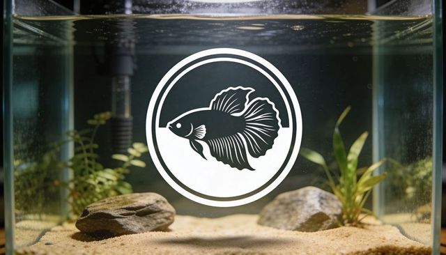 Centering betta fish decal on glass aquarium with sand substrate, rocks and live plants